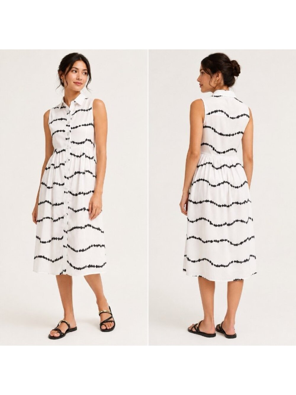 The Lulo Project Size Large Beige Black Stripe Midi Sleeveless Button Dress